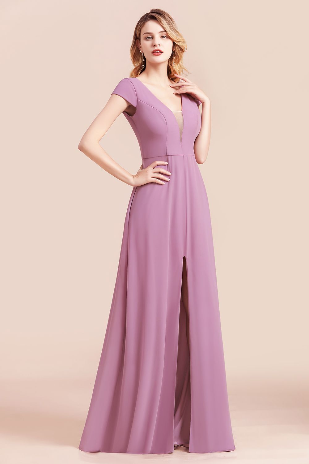 Chic V-Neck Chiffon Wisteria Bridesmaid dresses with Short Sleeves - Fashionpara