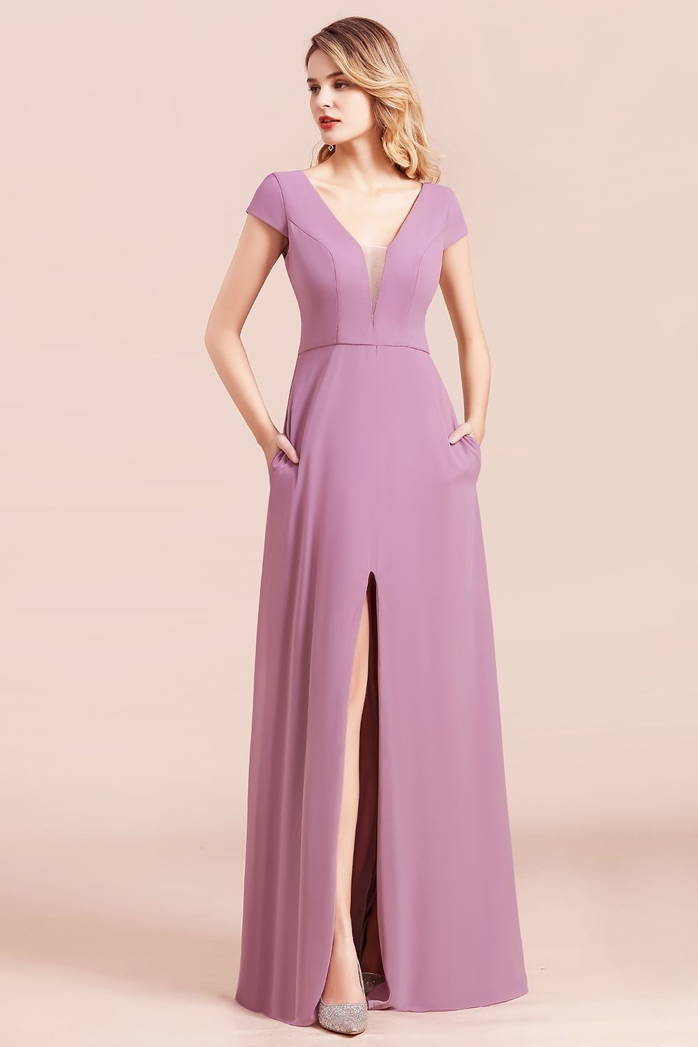 Chic V-Neck Chiffon Wisteria Bridesmaid dresses with Short Sleeves - Fashionpara