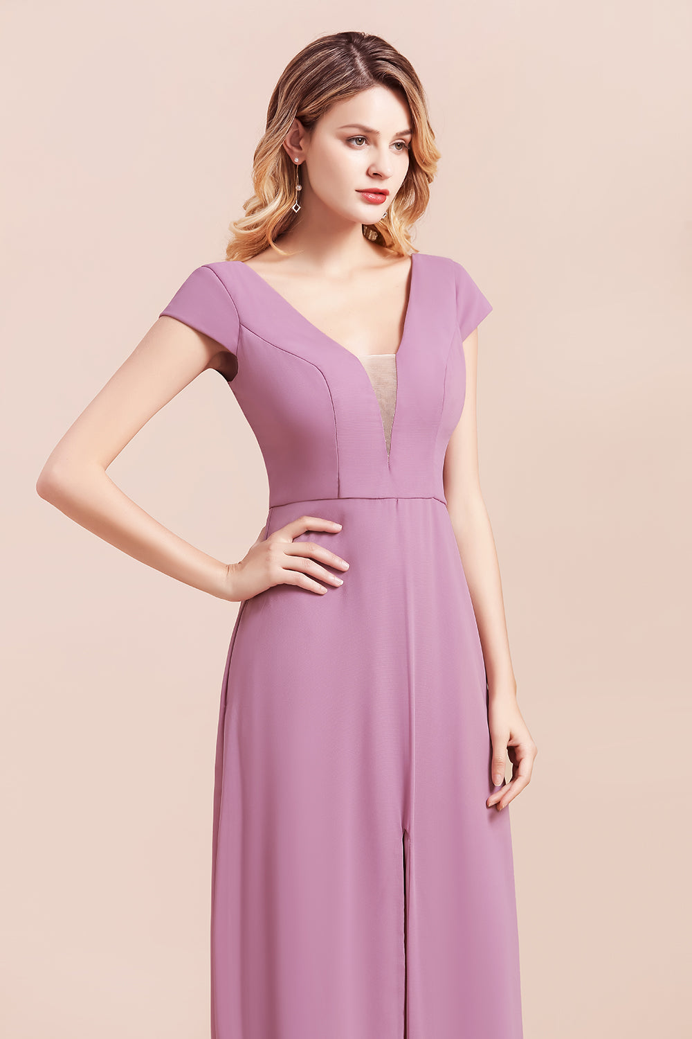Chic V-Neck Chiffon Wisteria Bridesmaid dresses with Short Sleeves - Fashionpara