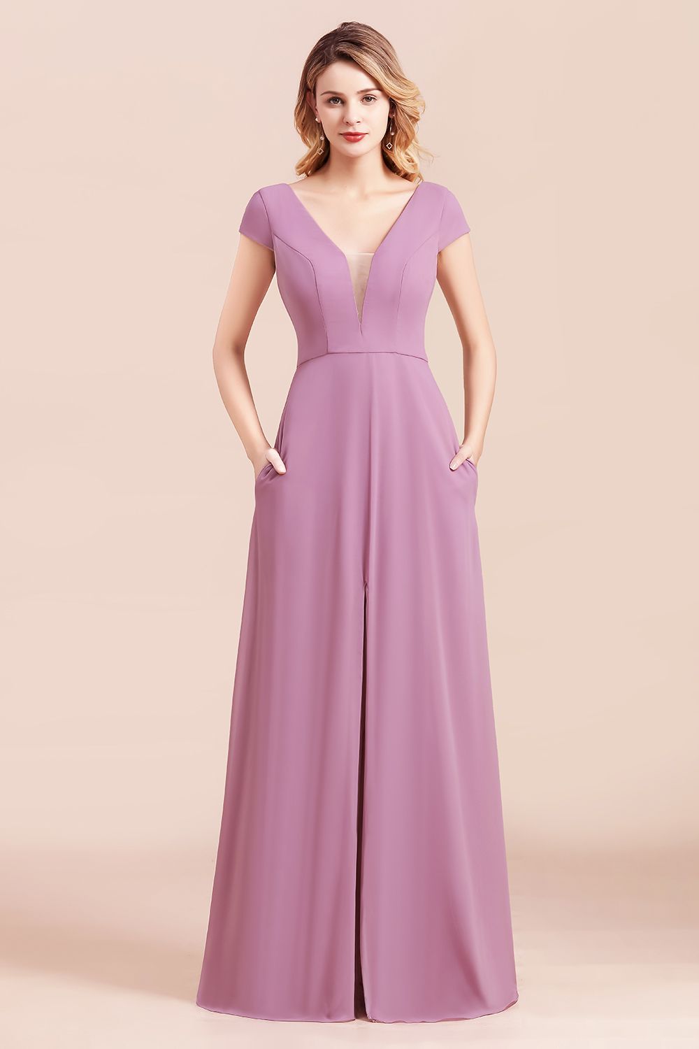 Chic V-Neck Chiffon Wisteria Bridesmaid dresses with Short Sleeves - Fashionpara