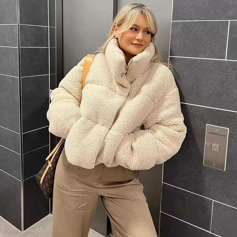 Zipped Drop Shoulder Long Sleeve Stand Collar Cropped Puffer Coat - Beige 2