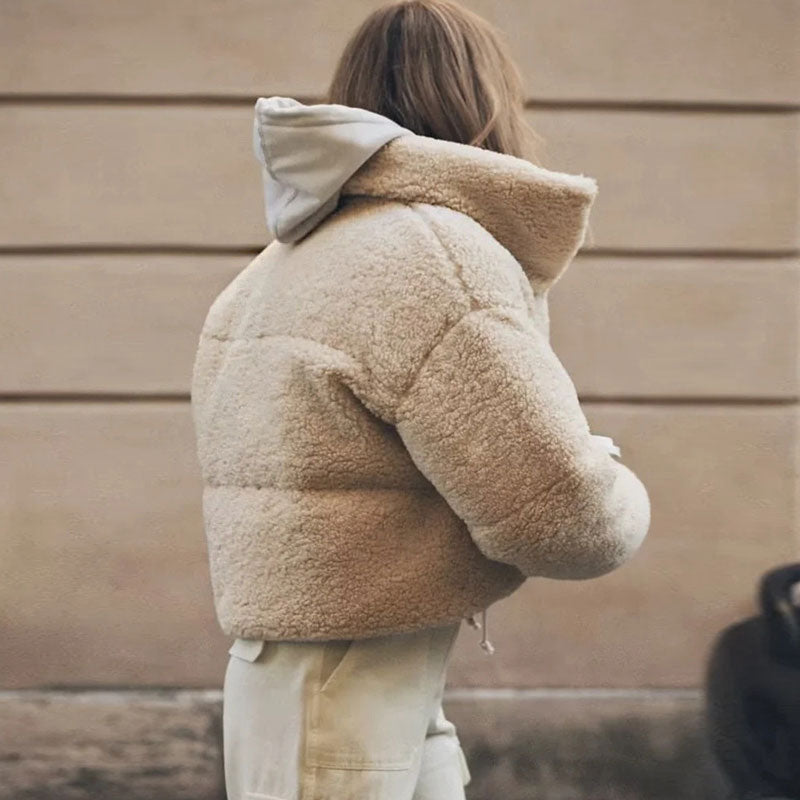 Zipped Drop Shoulder Long Sleeve Stand Collar Cropped Puffer Coat - Beige 3