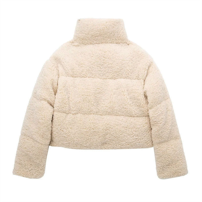 Zipped Drop Shoulder Long Sleeve Stand Collar Cropped Puffer Coat - Beige 4