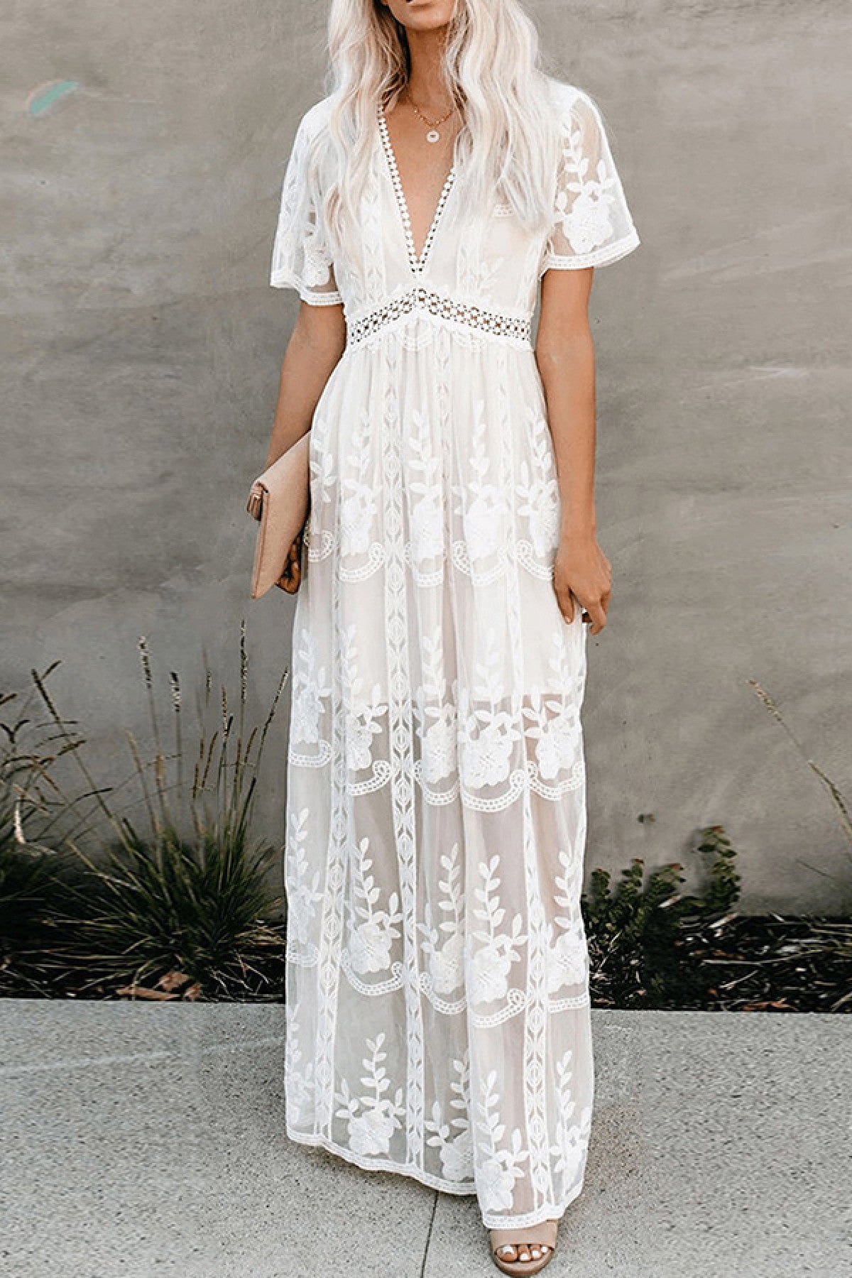 Chic See-through Cutout Lace Long Dress - Mislish