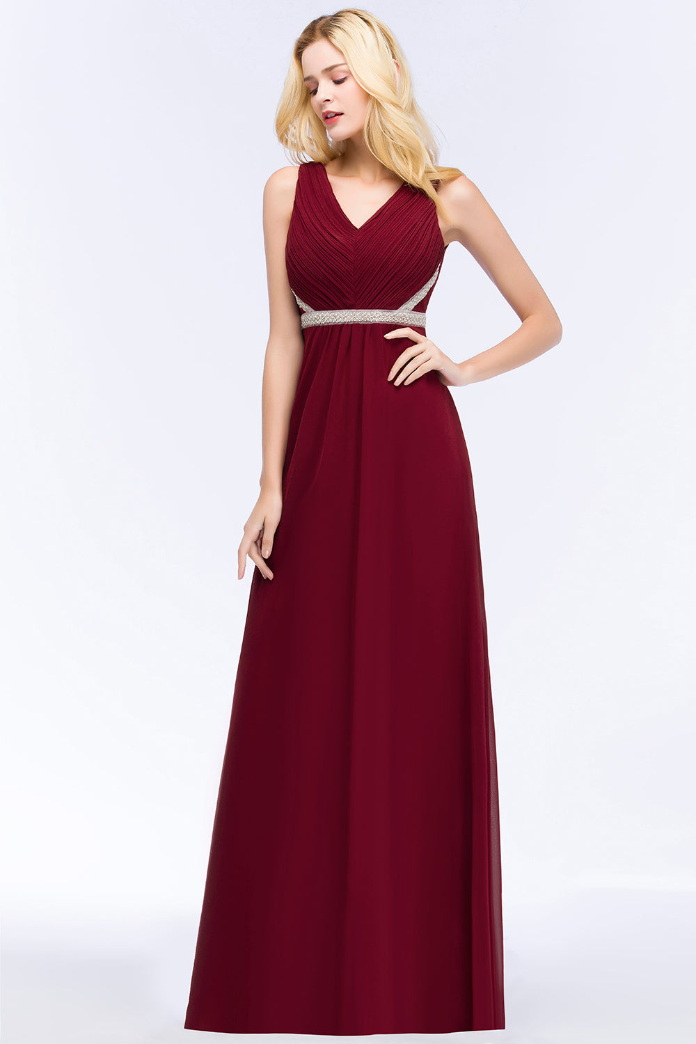 Chiffon Burgundy Long Affordable Bridesmaid Dresses With Beading Sash - Fashionpara