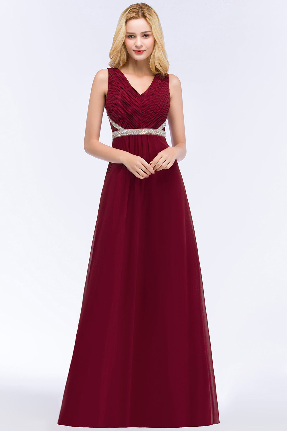 Chiffon Burgundy Long Affordable Bridesmaid Dresses With Beading Sash - Fashionpara