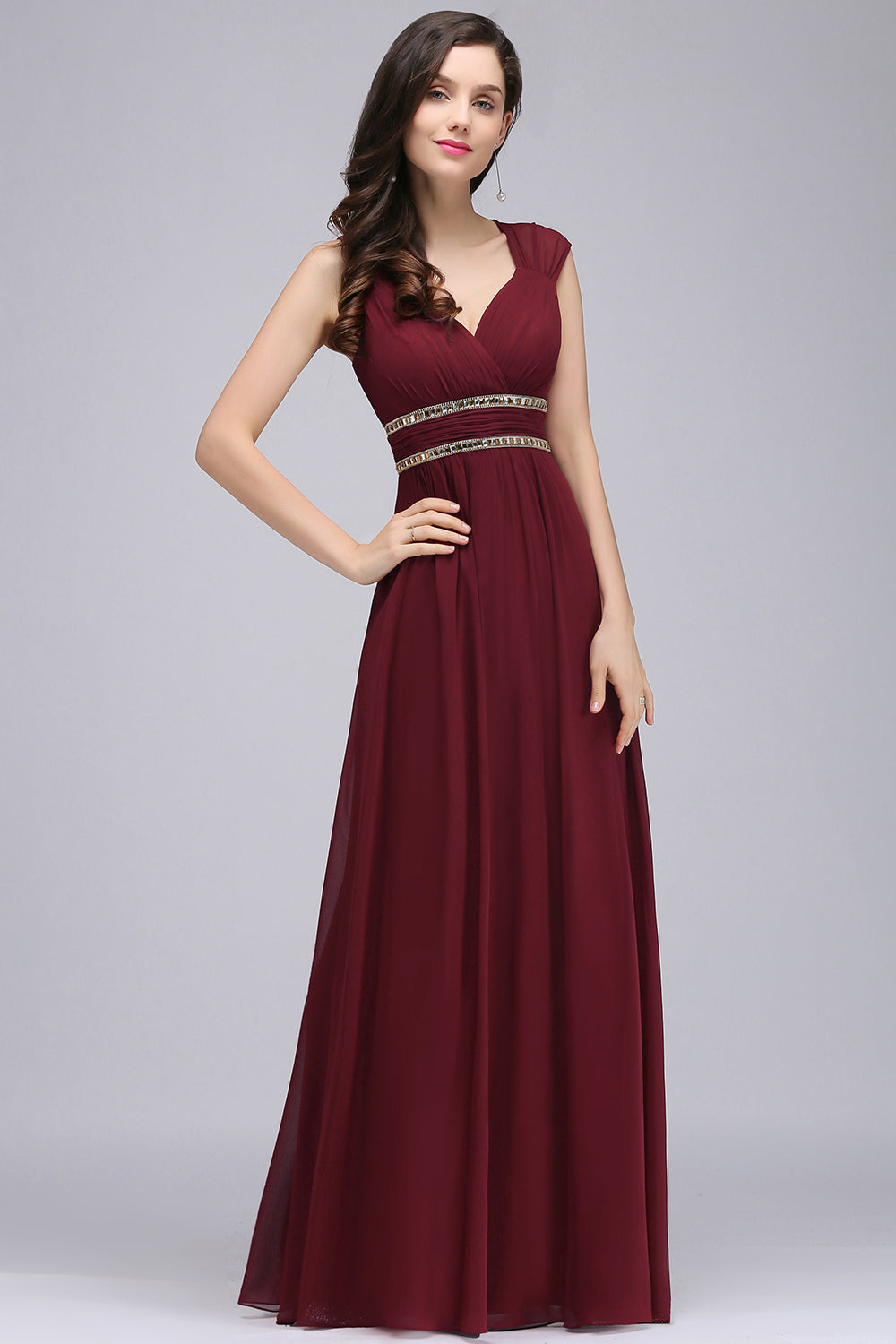 Chiffon Burgundy V-Neck Cap Sleeve Bridesmaid Dresses with Beadings - Fashionpara