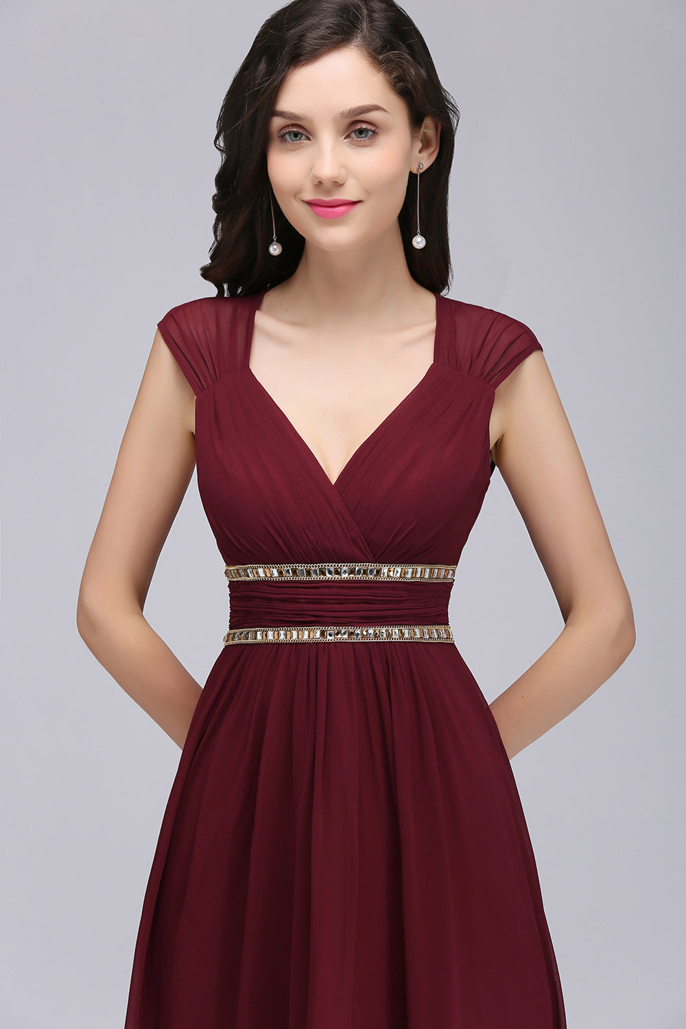 Chiffon Burgundy V-Neck Cap Sleeve Bridesmaid Dresses with Beadings - Fashionpara