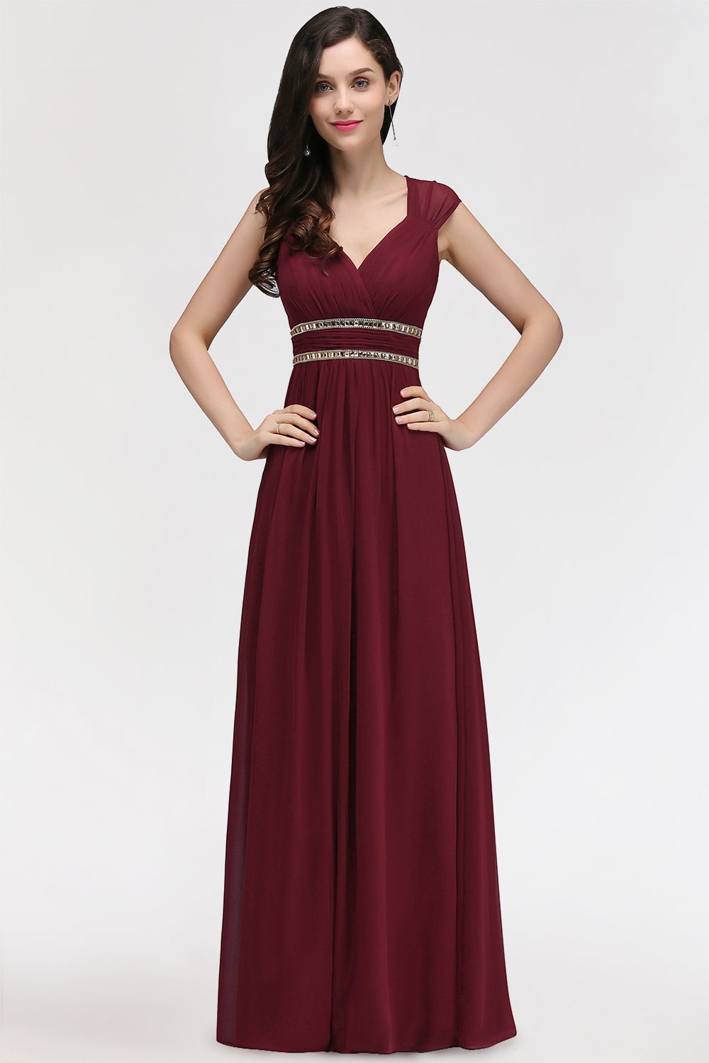 Chiffon Burgundy V-Neck Cap Sleeve Bridesmaid Dresses with Beadings - Fashionpara
