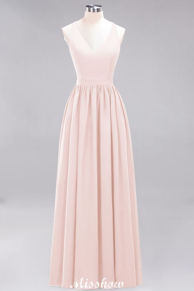 Chiffon Lace A-line Bridesmaid Dresses | V-Neck Sleeveless Floor Length Maid of the Honor Dresses