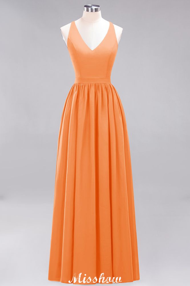 Chiffon Lace A-line Bridesmaid Dresses | V-Neck Sleeveless Floor Length Maid of the Honor Dresses