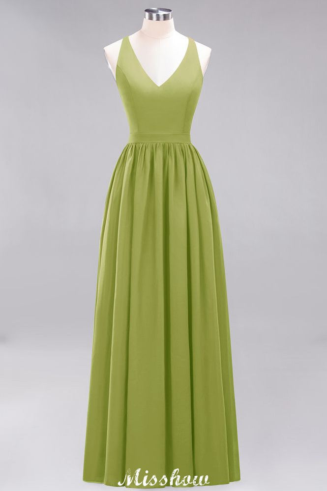 Chiffon Lace A-line Bridesmaid Dresses | V-Neck Sleeveless Floor Length Maid of the Honor Dresses