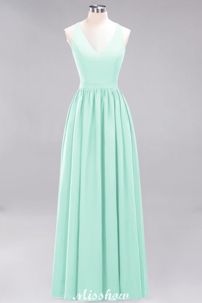 Chiffon Lace A-line Bridesmaid Dresses | V-Neck Sleeveless Floor Length Maid of the Honor Dresses