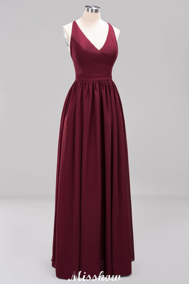 Chiffon Lace A-line Bridesmaid Dresses | V-Neck Sleeveless Floor Length Maid of the Honor Dresses