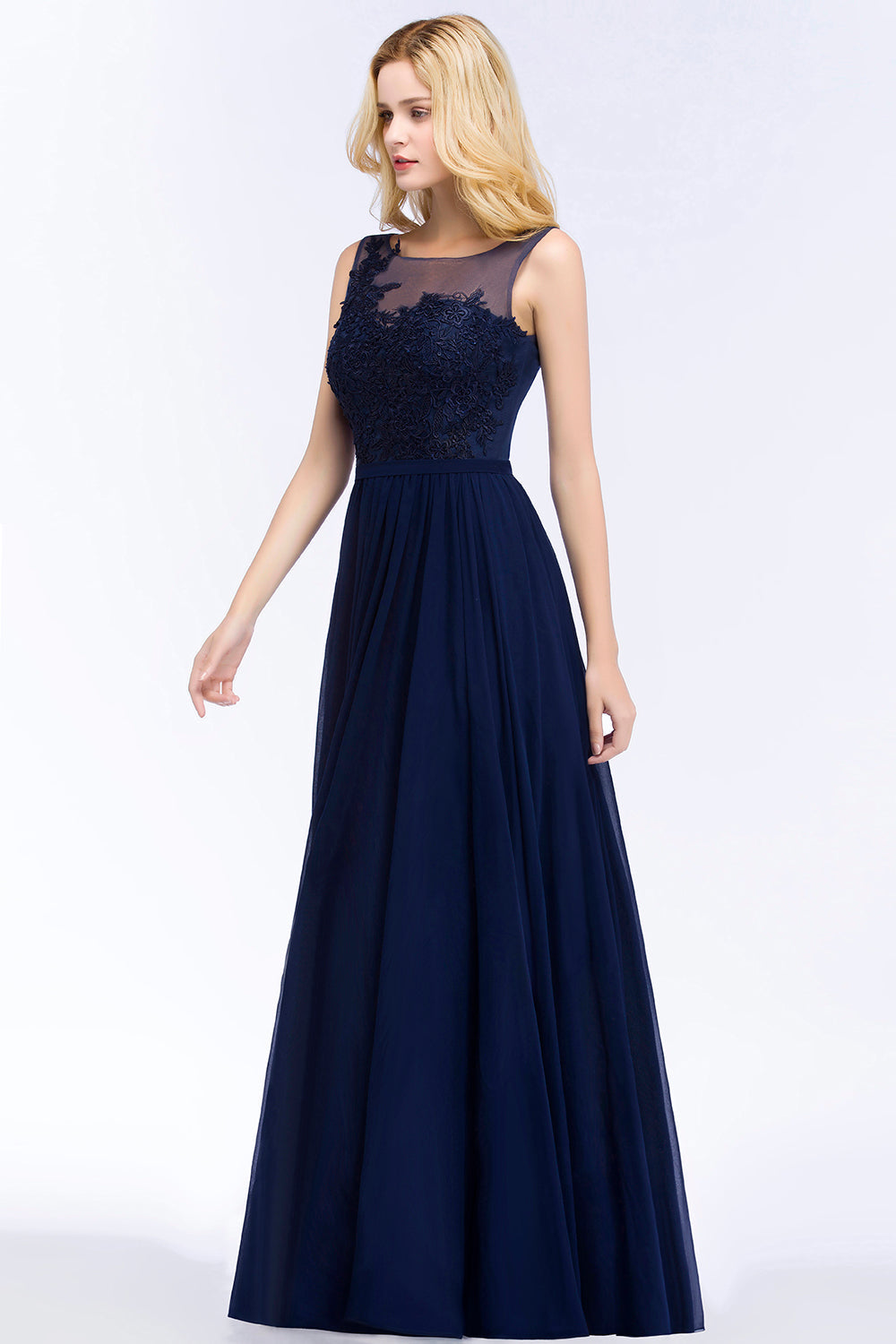 Chiffon Lace Appliques Affordable Navy Bridesmaid Dresses - Fashionpara
