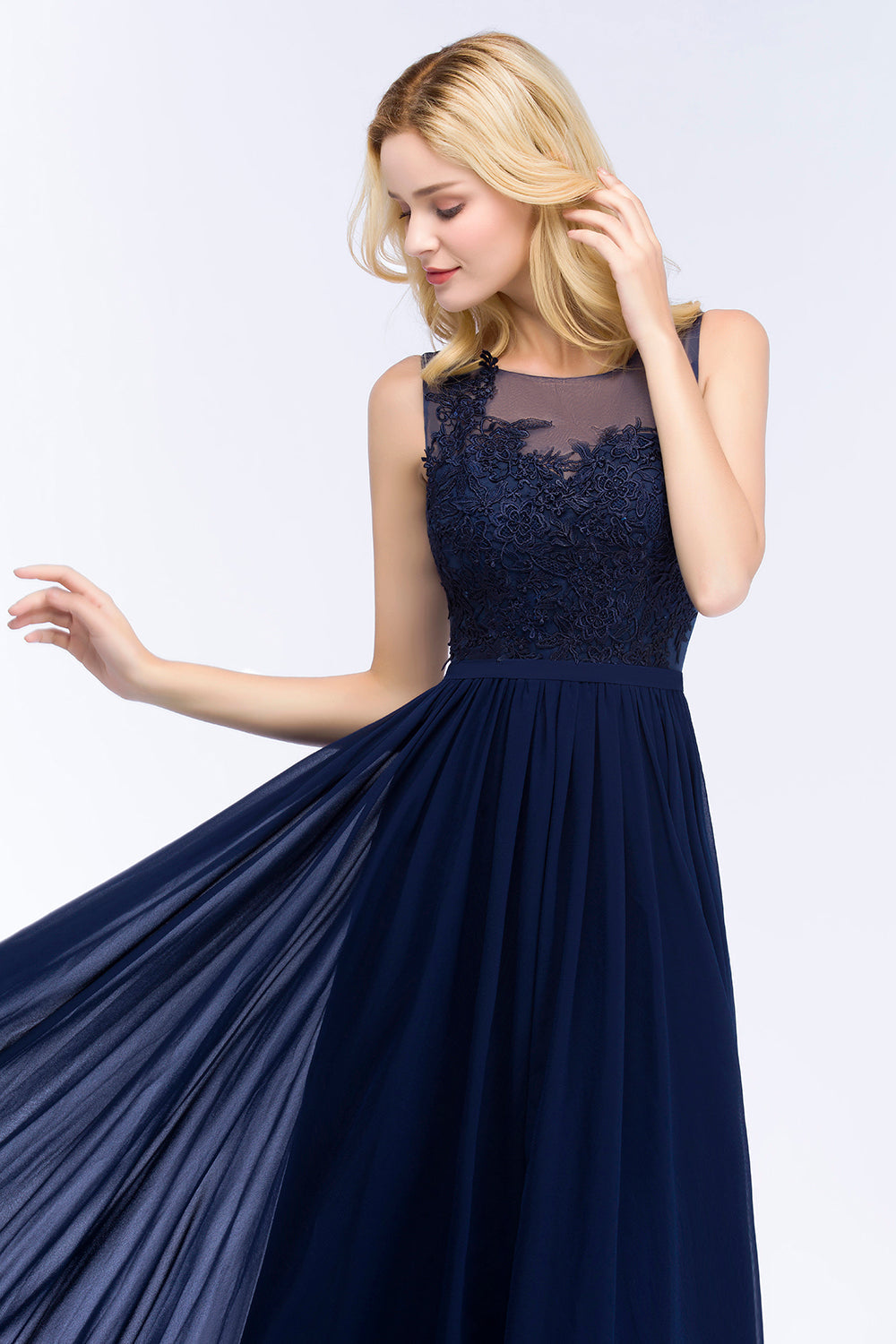Chiffon Lace Appliques Affordable Navy Bridesmaid Dresses - Fashionpara