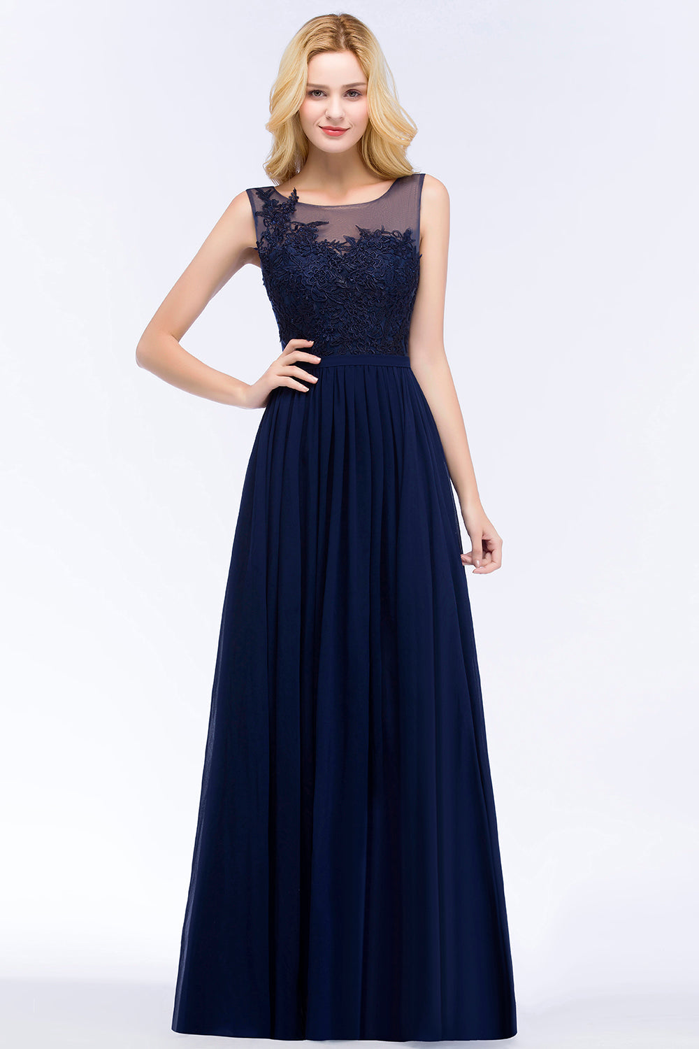 Chiffon Lace Appliques Affordable Navy Bridesmaid Dresses - Fashionpara