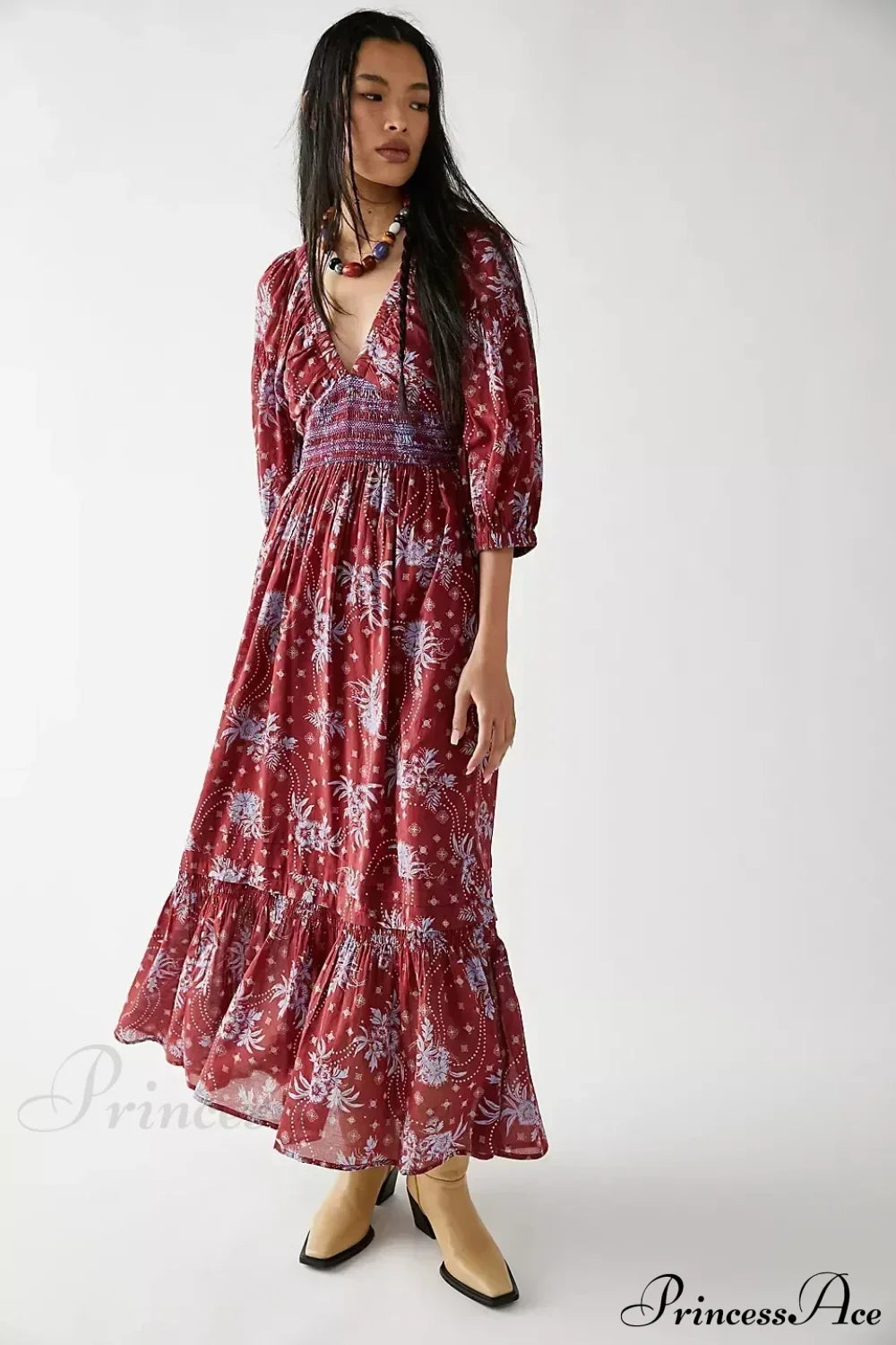 Chiffon Long Sleeve Holiday Floral Boho Dress Burgundy / S bohodress-250126