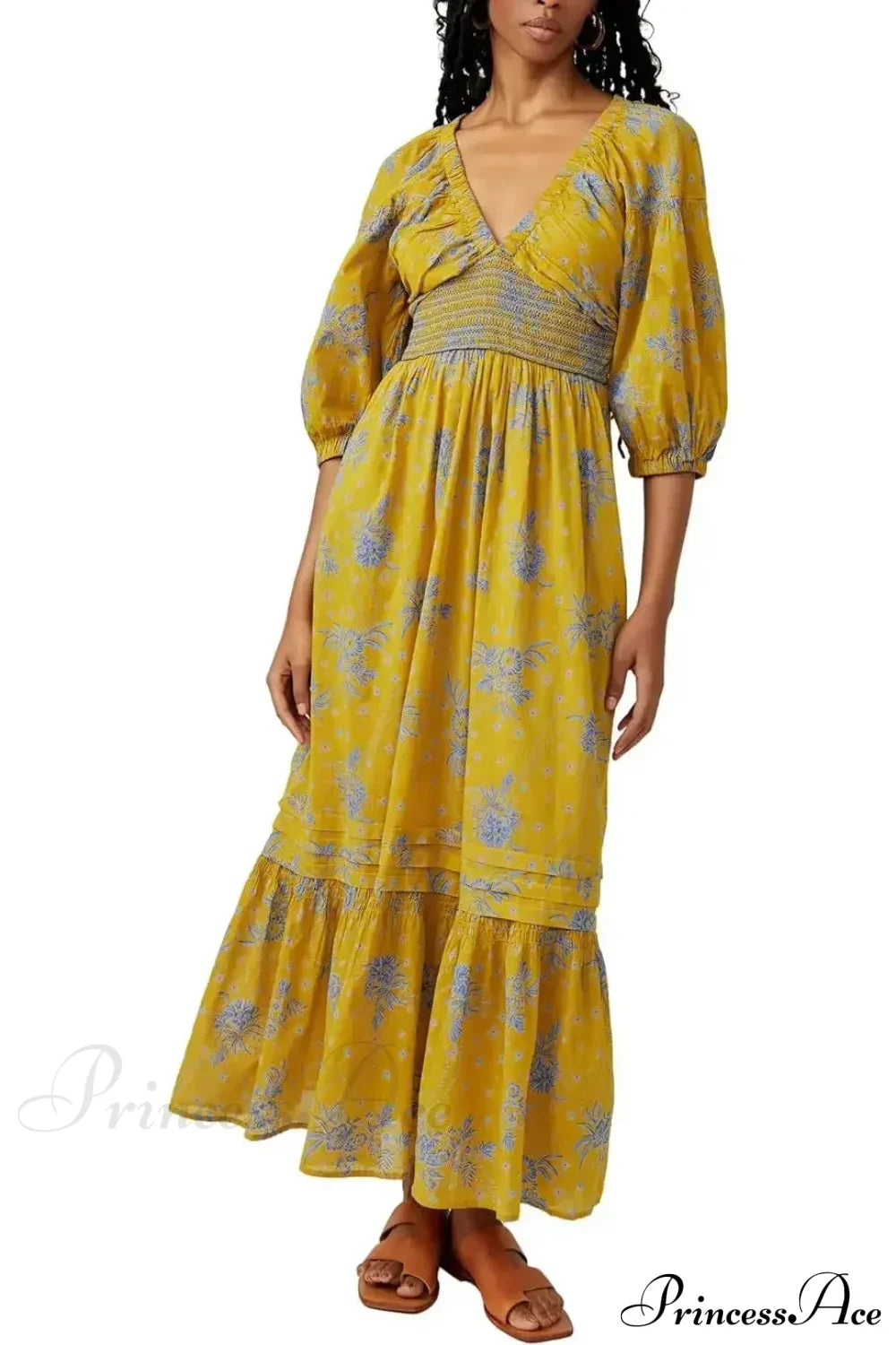 Chiffon Long Sleeve Holiday Floral Boho Dress Yellow / S bohodress-250126