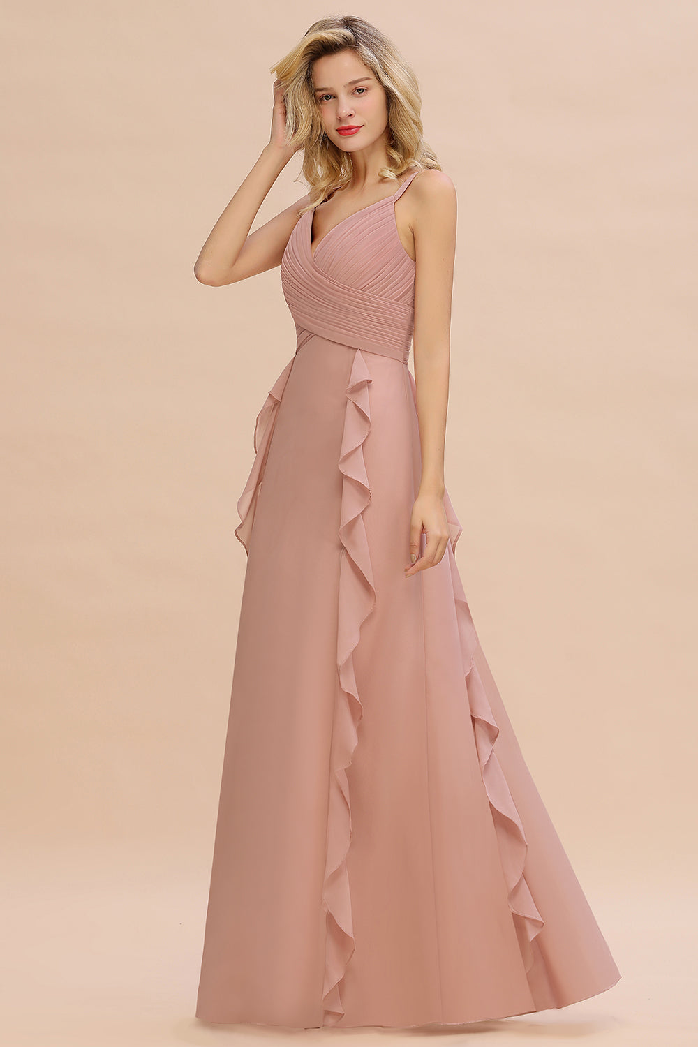 Chiffon Long Sleeveless Bridesmaid Dresses with Cascading Ruffles - Fashionpara
