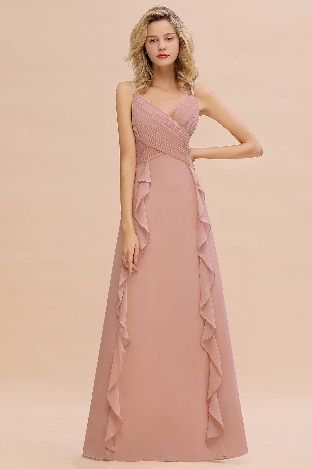 Chiffon Long Sleeveless Bridesmaid Dresses with Cascading Ruffles - Fashionpara