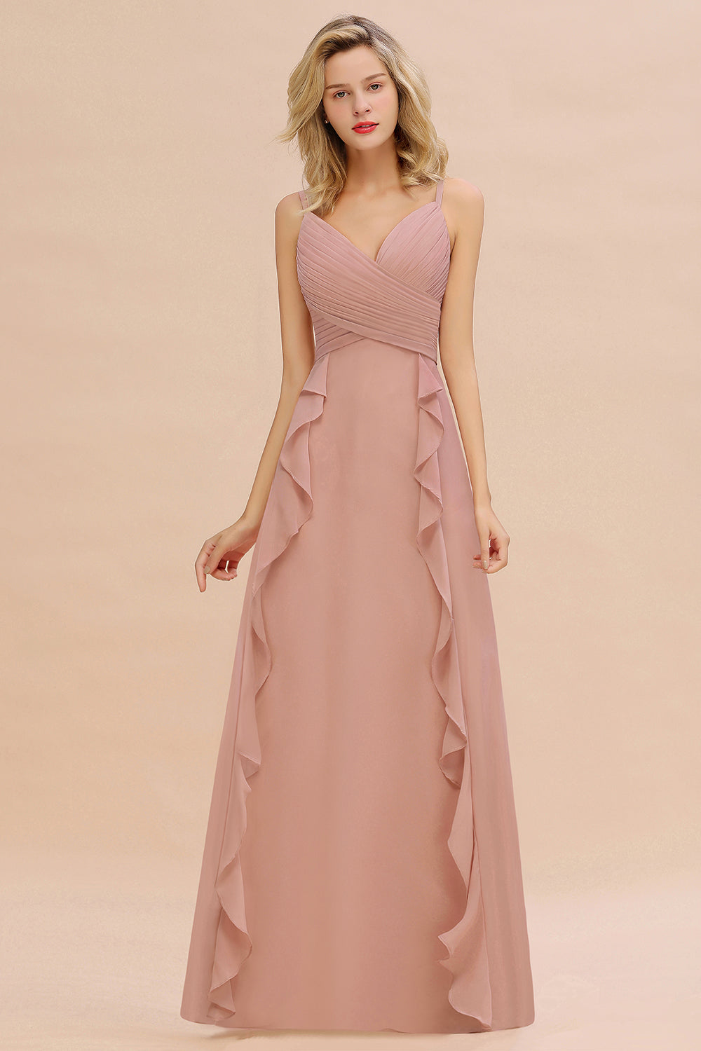 Chiffon Long Sleeveless Bridesmaid Dresses with Cascading Ruffles - Fashionpara