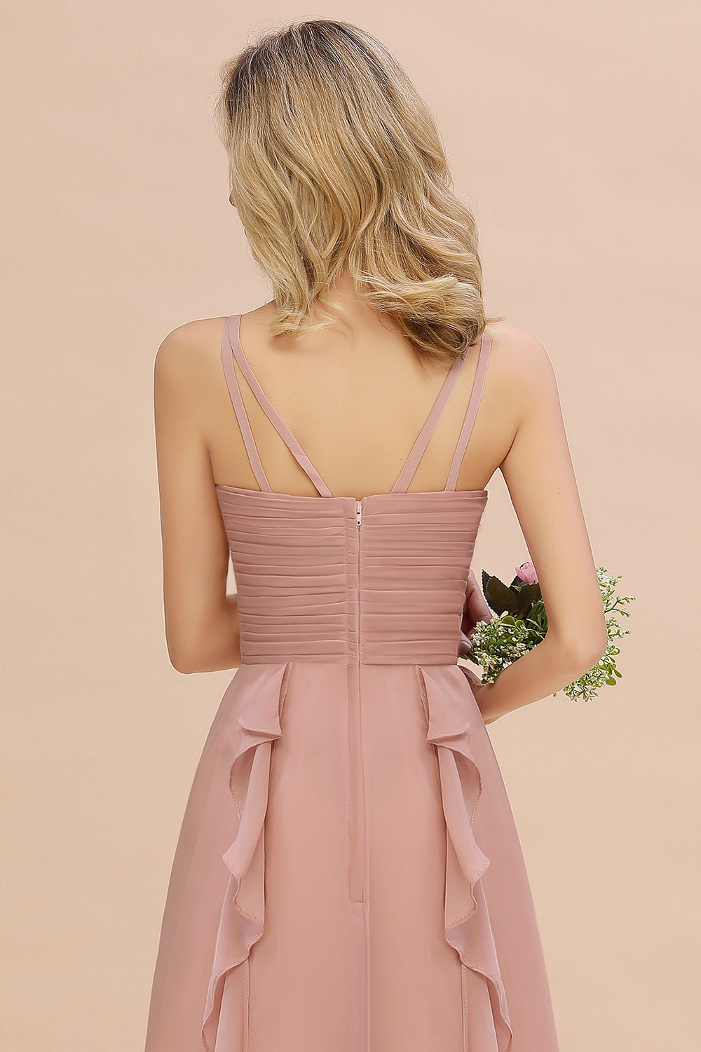 Chiffon Long Sleeveless Bridesmaid Dresses with Cascading Ruffles - Fashionpara