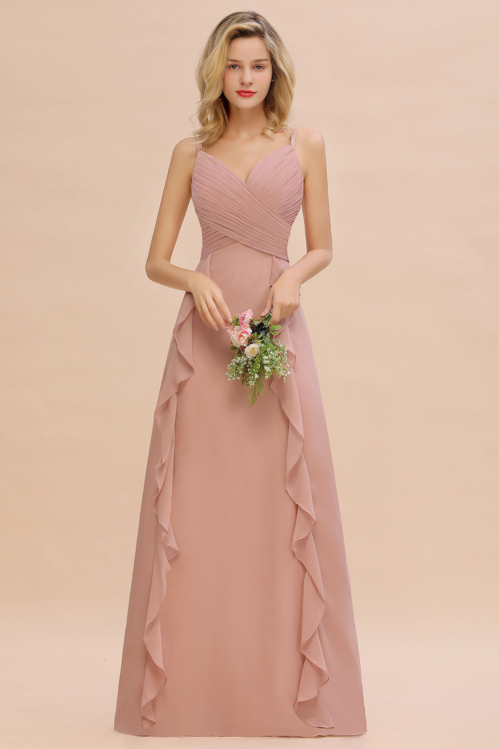 Chiffon Long Sleeveless Bridesmaid Dresses with Cascading Ruffles - Fashionpara