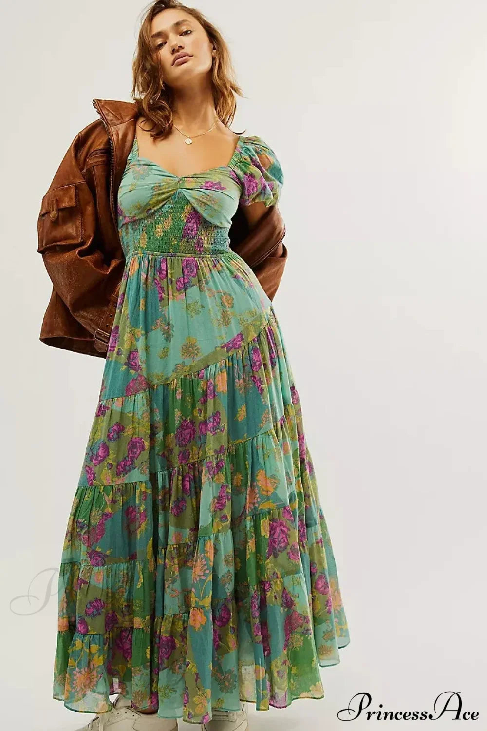 Chiffon Maxi Dress Floral Print Puff Sleeve Light Green / S bohodress-250126