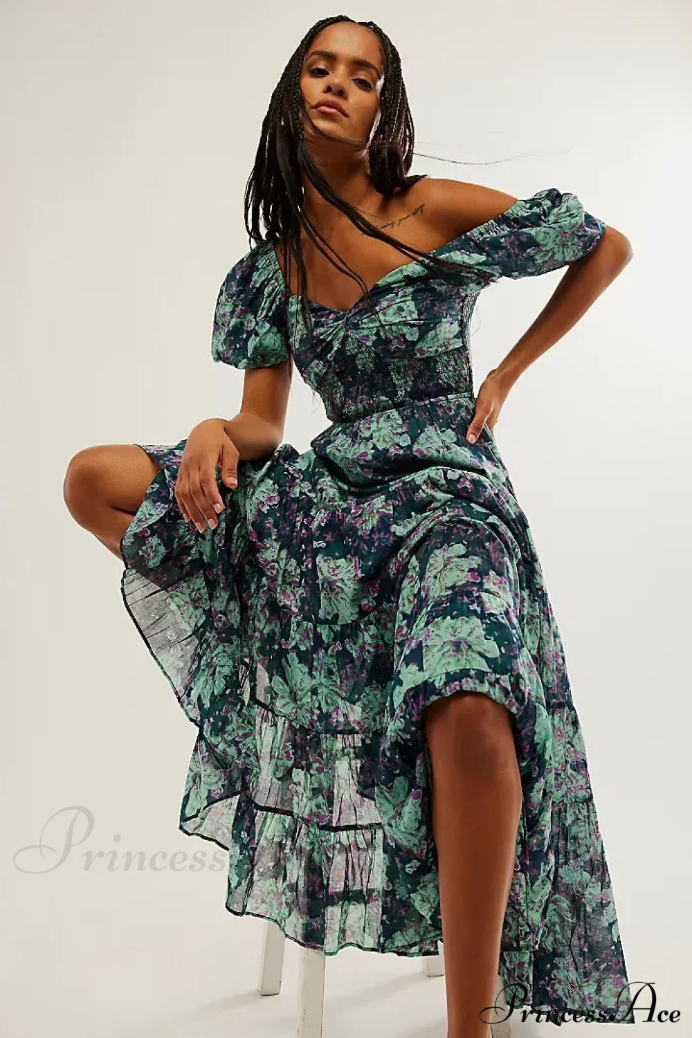 Chiffon Maxi Dress Floral Print Puff Sleeve Navy Blue / S bohodress-250126