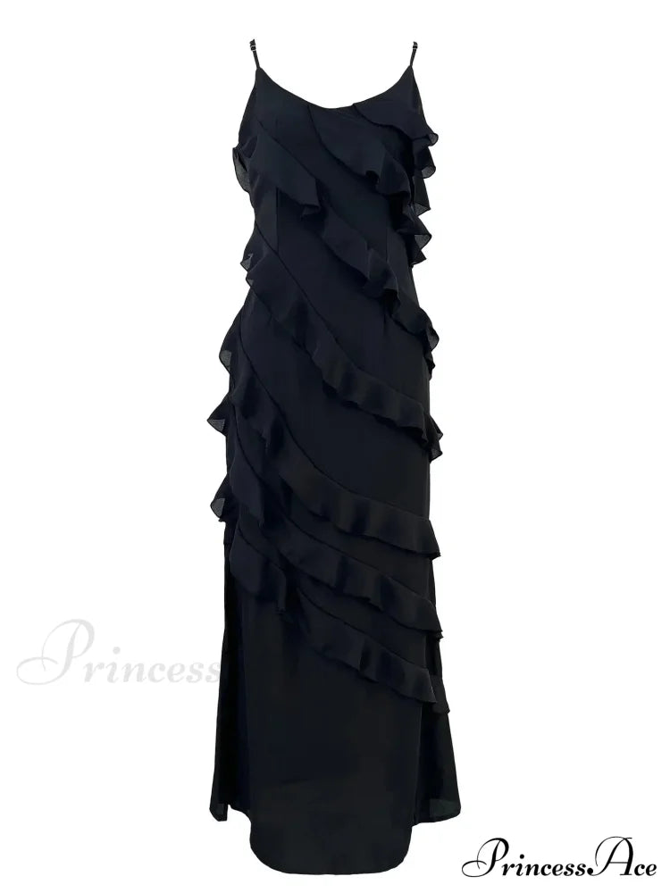 Chiffon Maxi Dress With Ruffles And Backless Split - Sexy Long Summer Wedding/Christmas Party