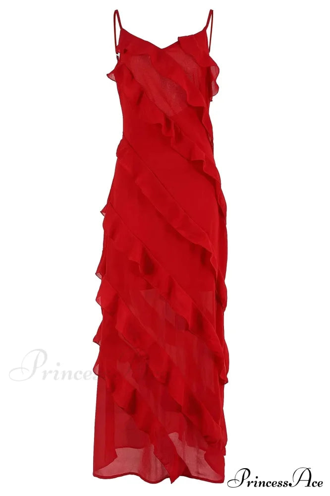 Chiffon Maxi Dress With Ruffles And Backless Split - Sexy Long Summer Wedding/Christmas Party
