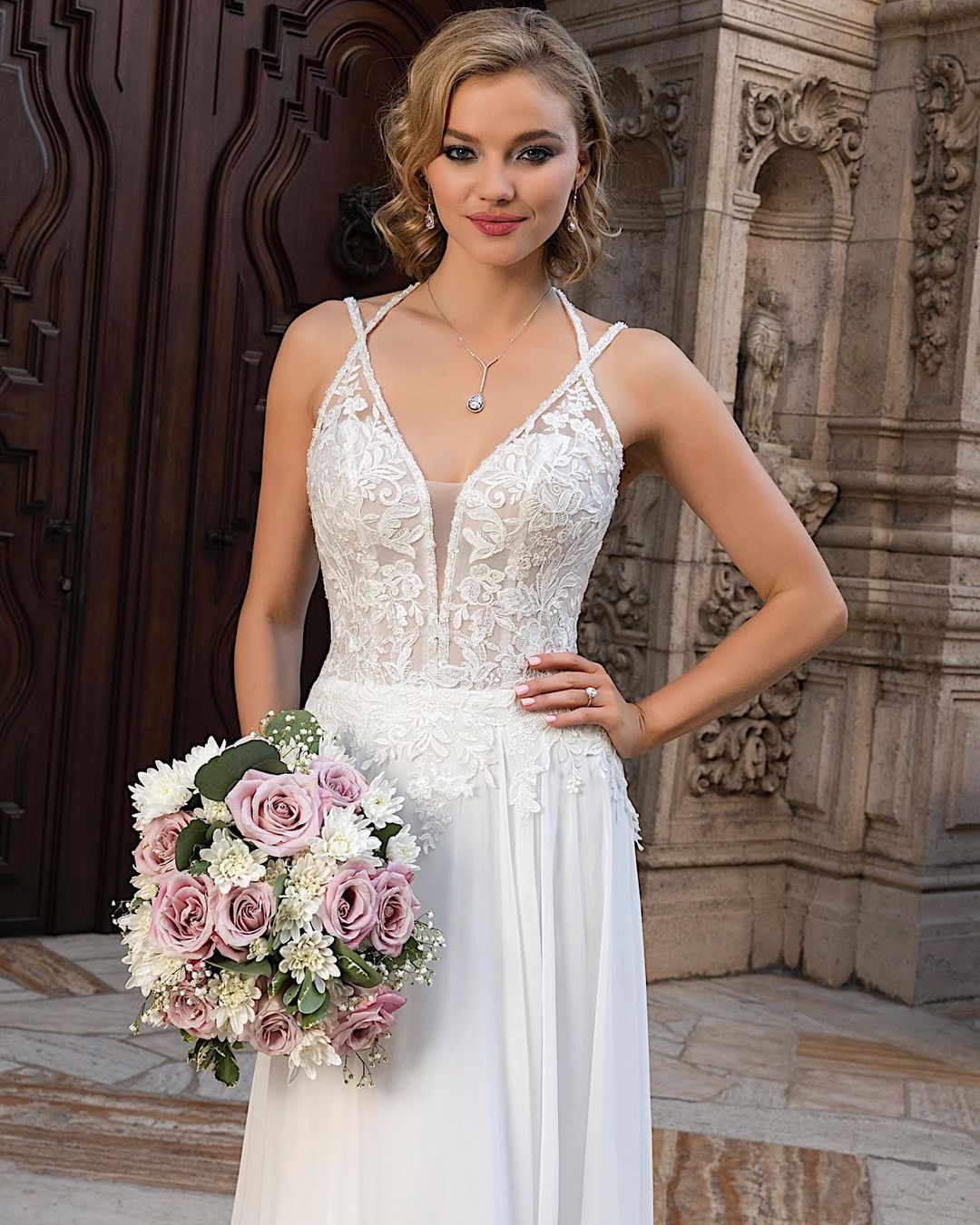 Chiffon Wedding Dress Lace Appliques With Slit - Fashionpara