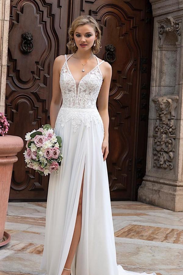 Chiffon Wedding Dress Lace Appliques With Slit - Fashionpara