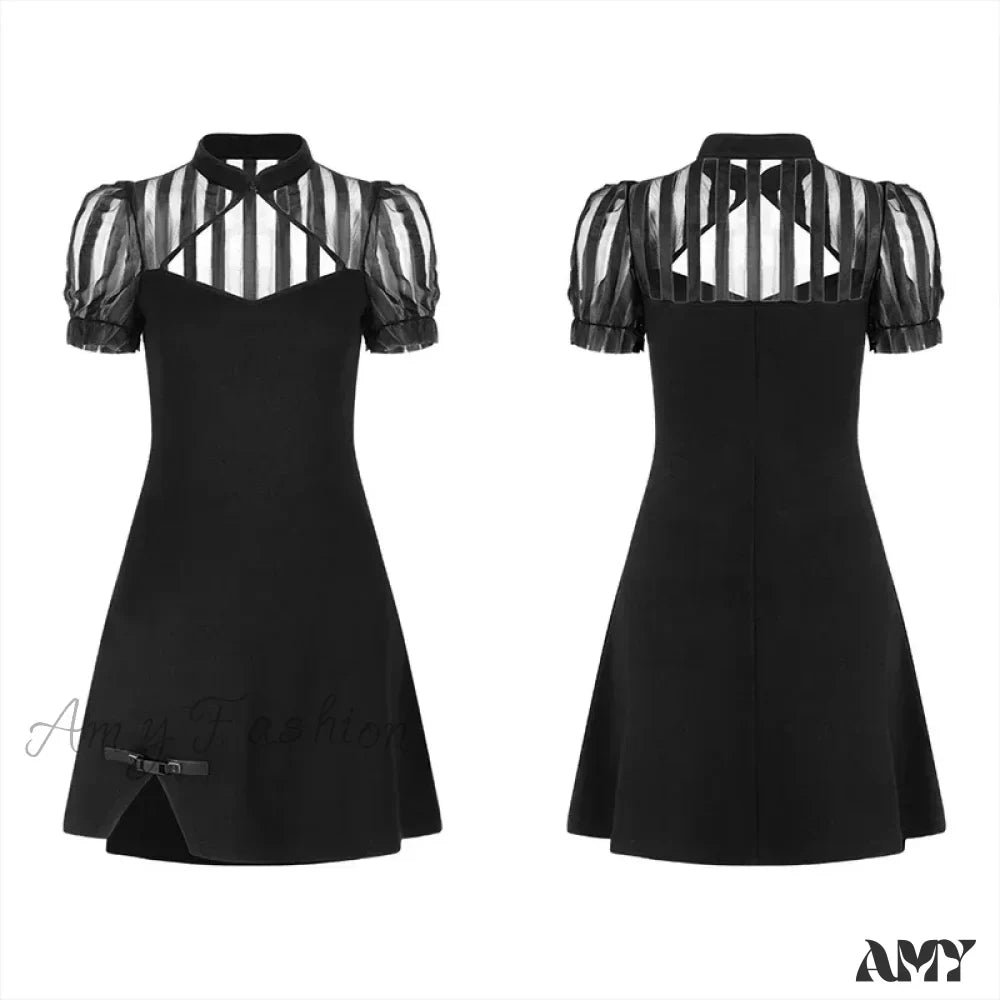 Chinese Silk Fan Punk Puff Sleeve Short High Waist V-neck Thick Summer Gothic Dress 5