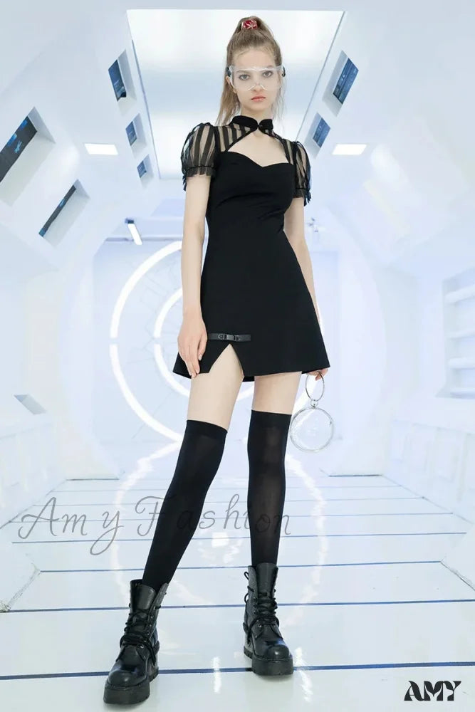 Chinese Silk Fan Punk Puff Sleeve Short High Waist V-neck Thick Summer Gothic Dress 4