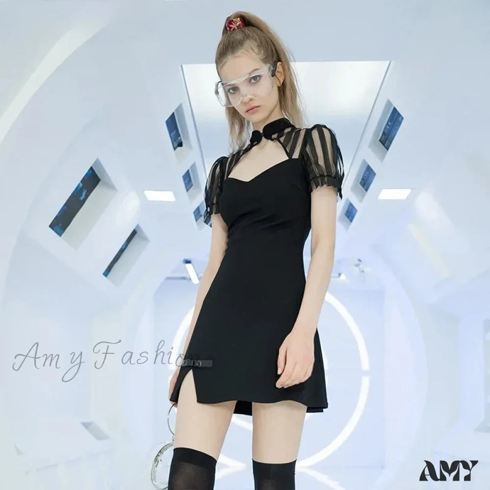 Chinese Silk Fan Punk Puff Sleeve Short High Waist V-neck Thick Summer Gothic Dress 2