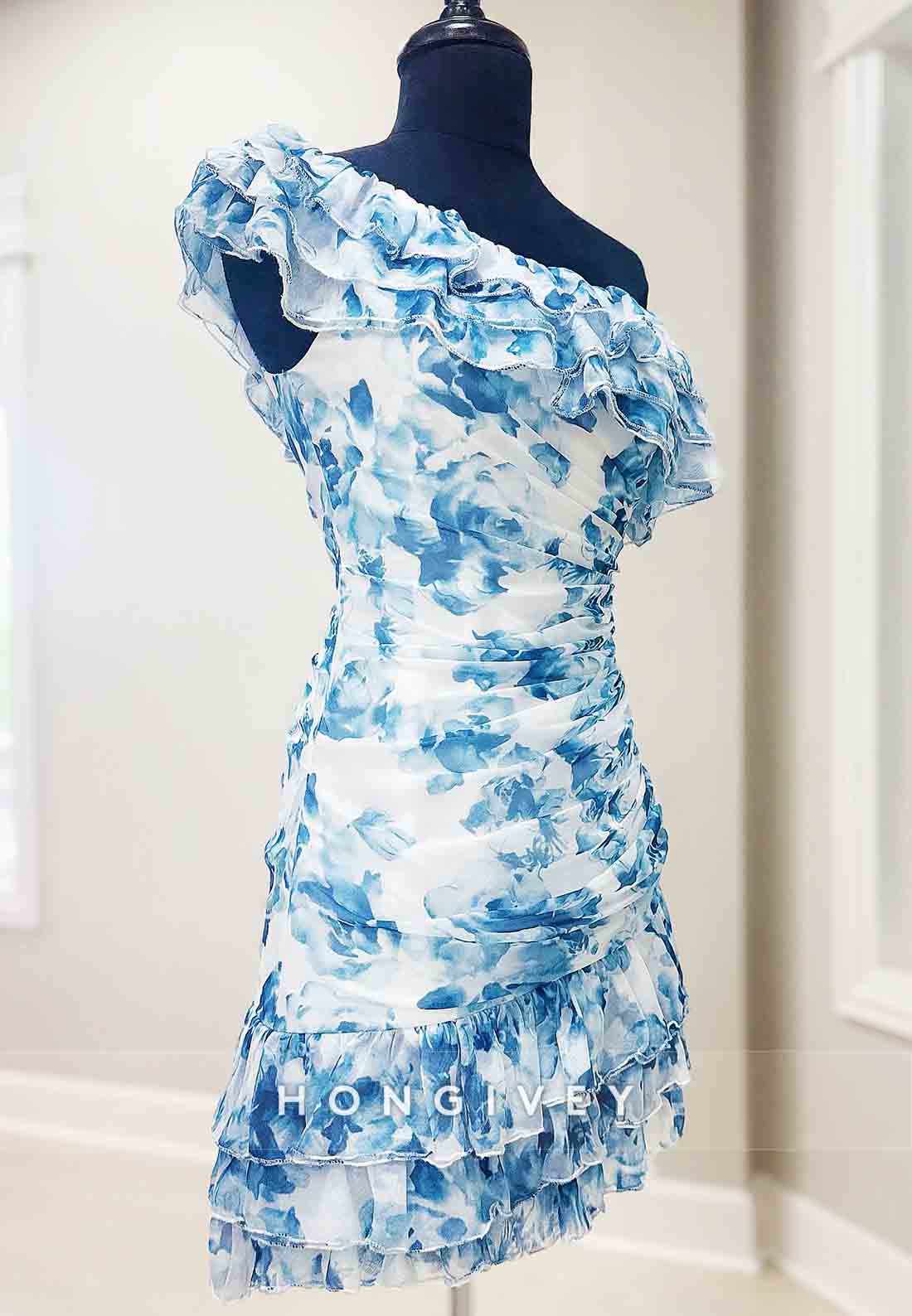 One Shoulder Floral Print Ruched Sheath Pleated Mini Homecoming Dresses