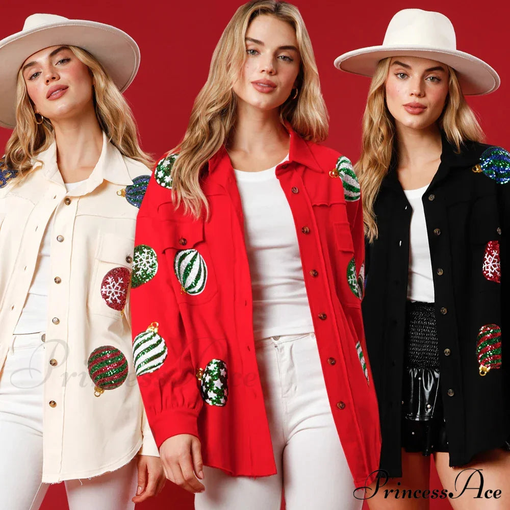 Christmas Sequin Lapel Cardigan Coat - Fashionpara