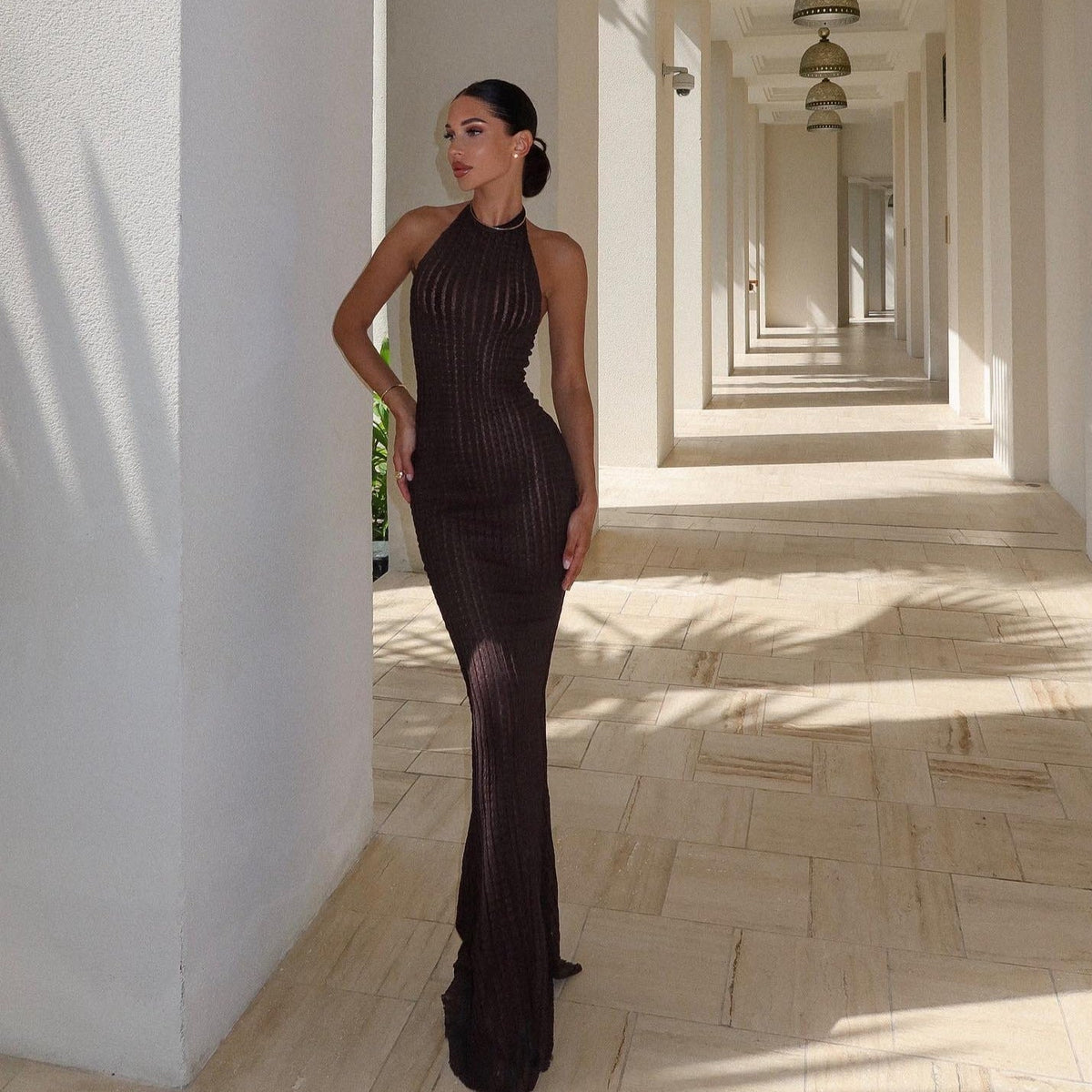 Ribbed Knit Halter Open-Back Bodycon Maxi Dress 5