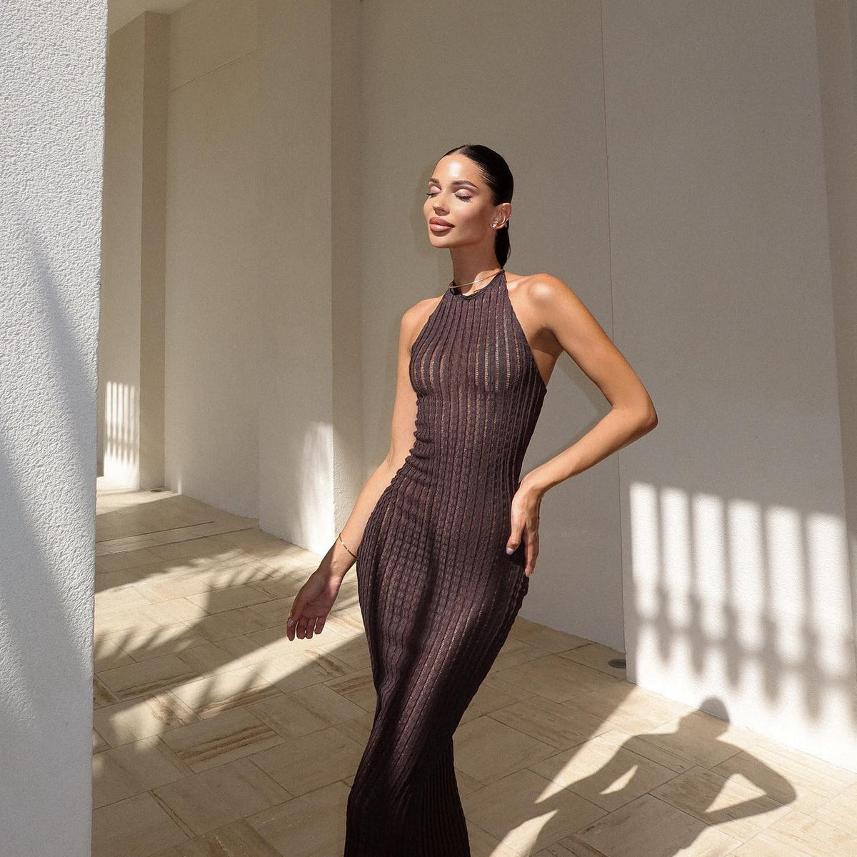 Ribbed Knit Halter Open-Back Bodycon Maxi Dress 3