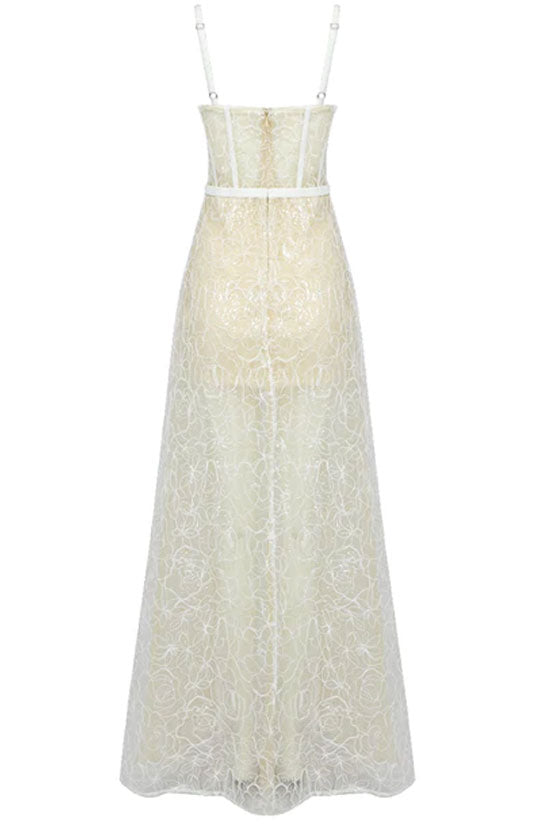 Floral Lace Strapless Corset Sheer Overlay Maxi Dress 4