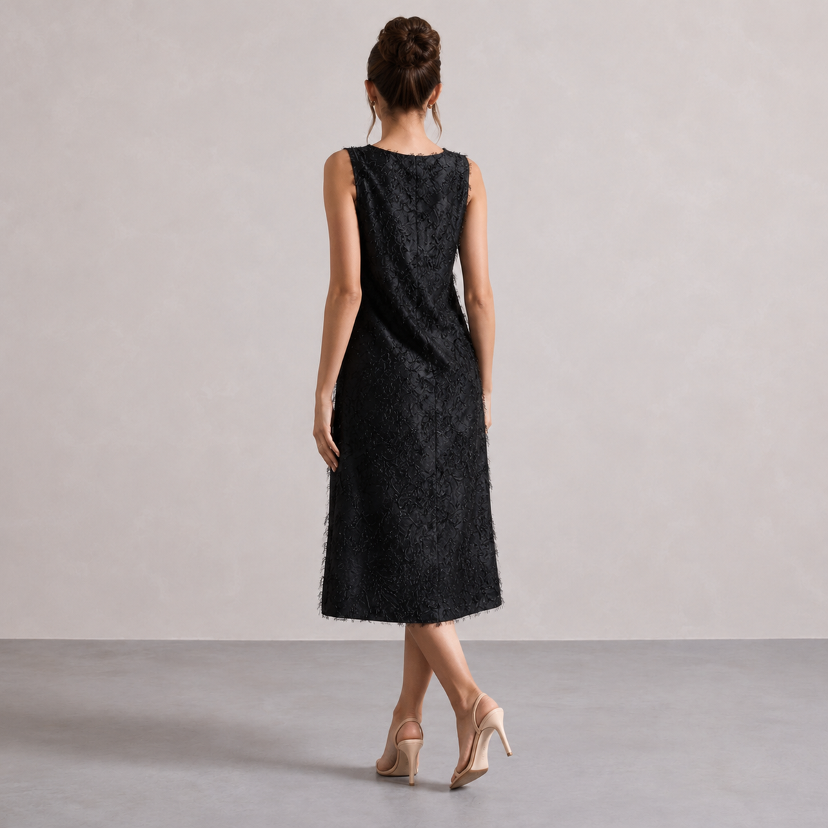 V-Neck Sleeveless Textured Fringe Shift Midi Dress 15