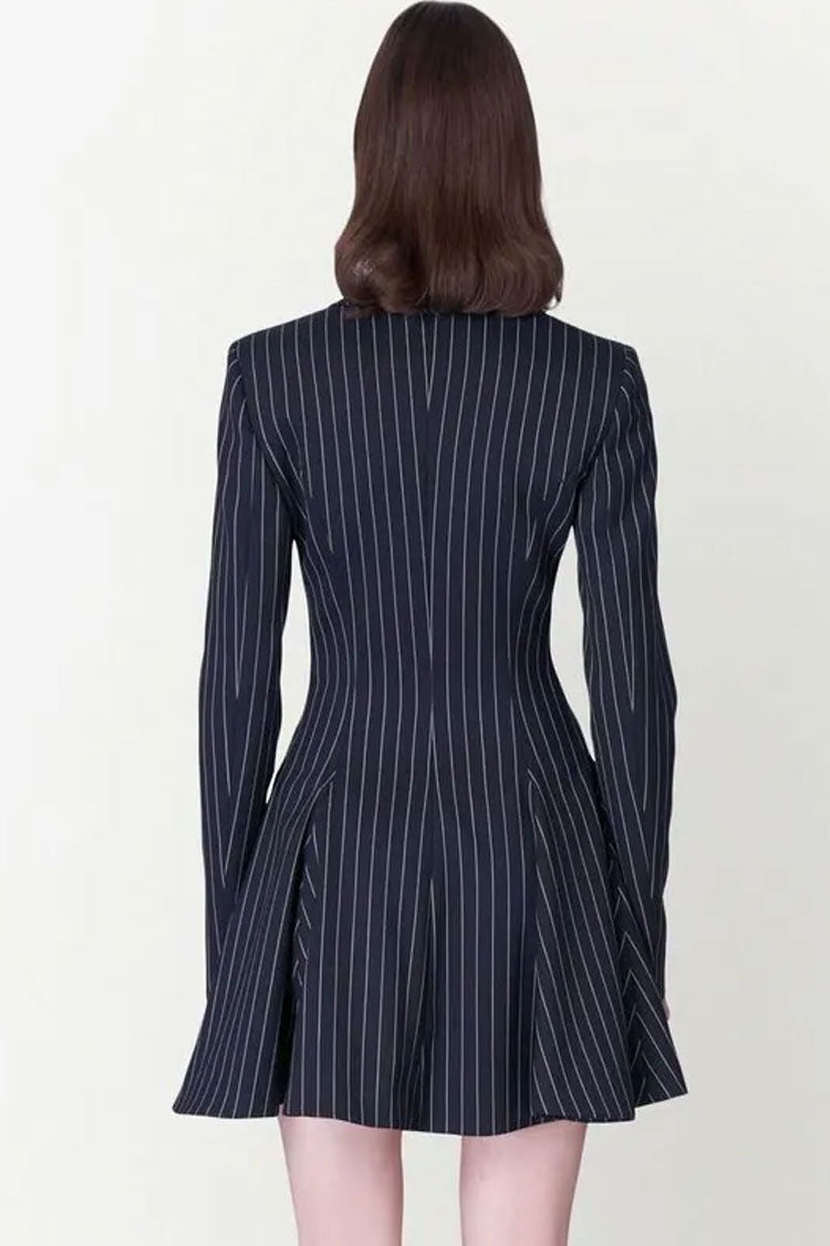 Classic Lapel Button Front Fit & Flare Striped Blazer Mini Dress - Navy Blue 2
