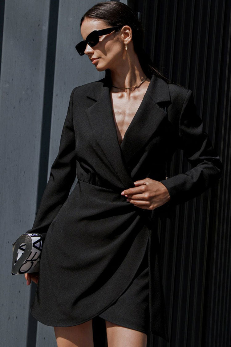 Lapel Collar Long Sleeve Ruched Wrap Blazer Mini Dress