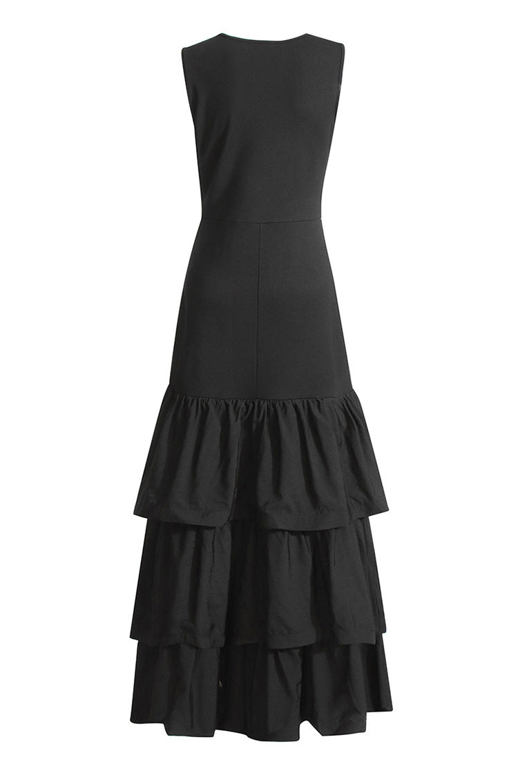 Classic Round Neck Sleeveless Layered Ruffle Fishtail Evening Maxi Dress - Fashionpara