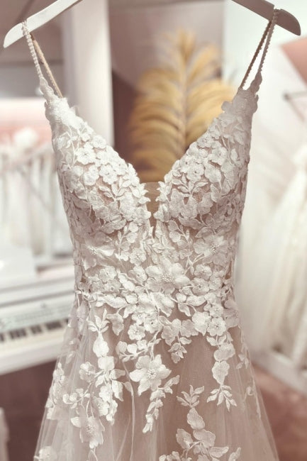 Classic V-Neck Spaghetti Strap Sleeveless A-Line Lace Bridal Gown - Fashionpara