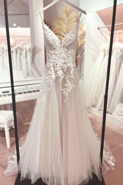 Classic V-Neck Spaghetti Strap Sleeveless A-Line Lace Bridal Gown - Fashionpara