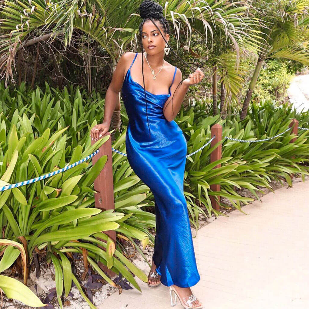 Satin Cowl Neck Tie-String Backless Slip Maxi Dress