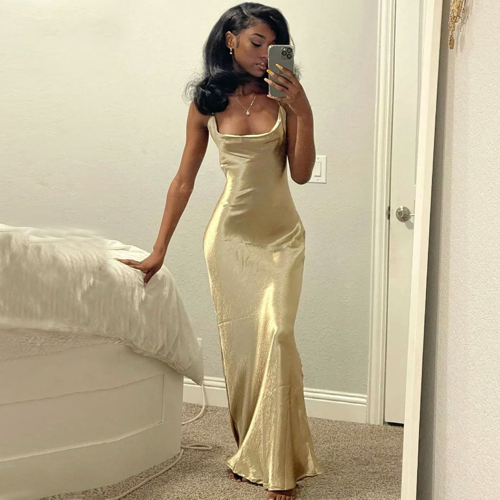 Satin Cowl Neck Tie-String Backless Slip Maxi Dress 2